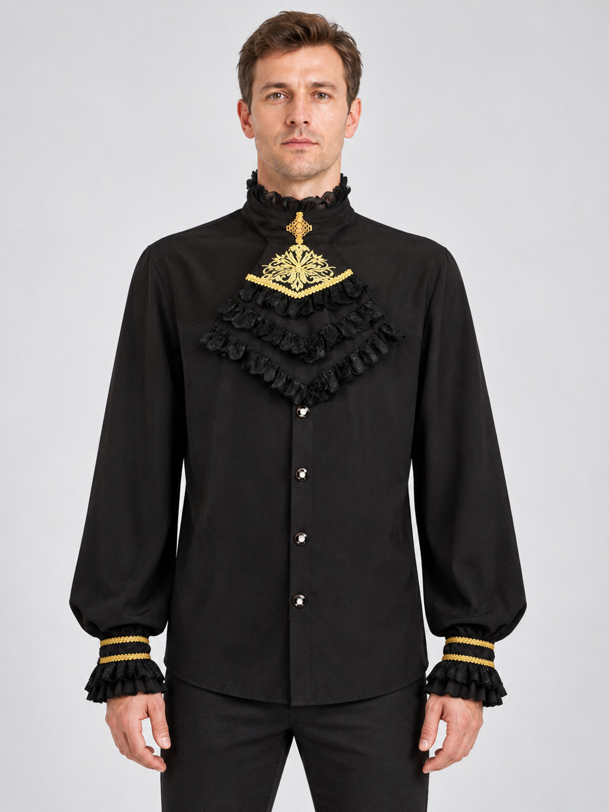 Black long-sleeved shirt with a jabot and gold trim