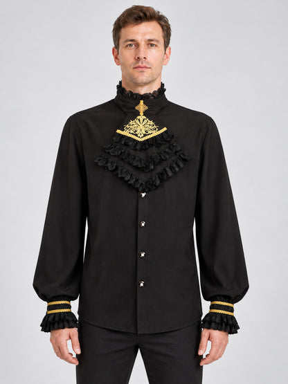 Black long-sleeved shirt with a jabot and gold trim