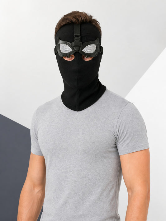 Black Carnival Mask with Spider Eyes on-model front view
