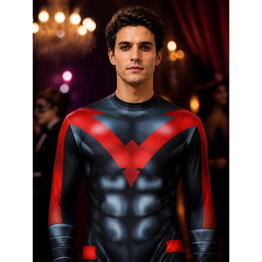 Superhero Muscle Print Bodysuit with Red Chest Logo and Long Sleeves Halloween on-model view