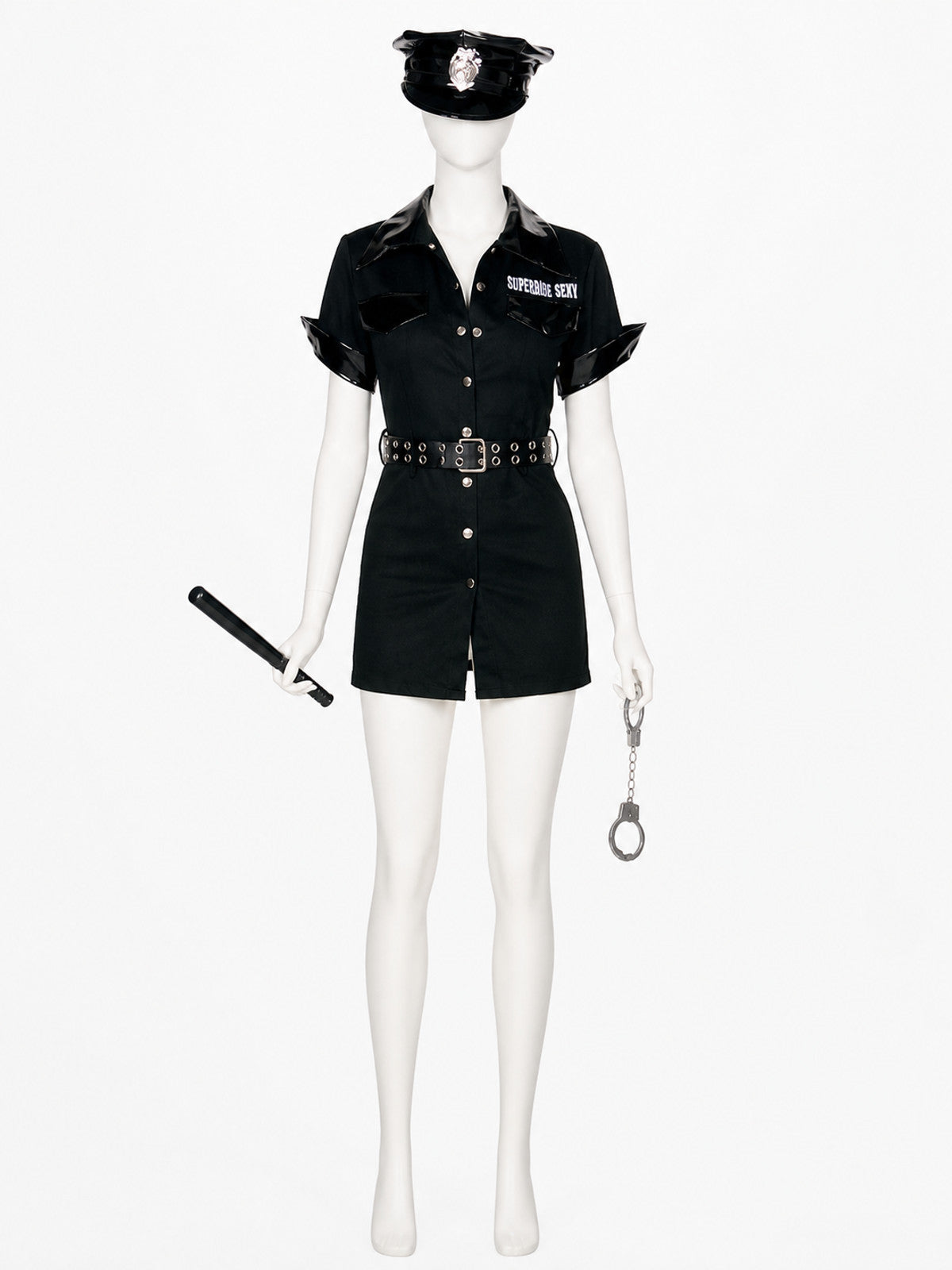 Women's Police Costume Set, Short-Sleeve Collared Bodysuit Dress with Belt, Hat