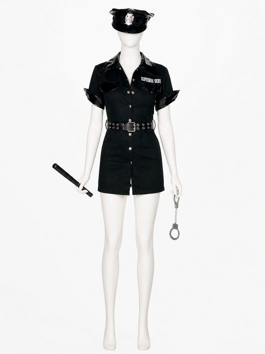 Women's Police Costume Set, Short-Sleeve Collared Bodysuit Dress with Belt, Hat on-model view