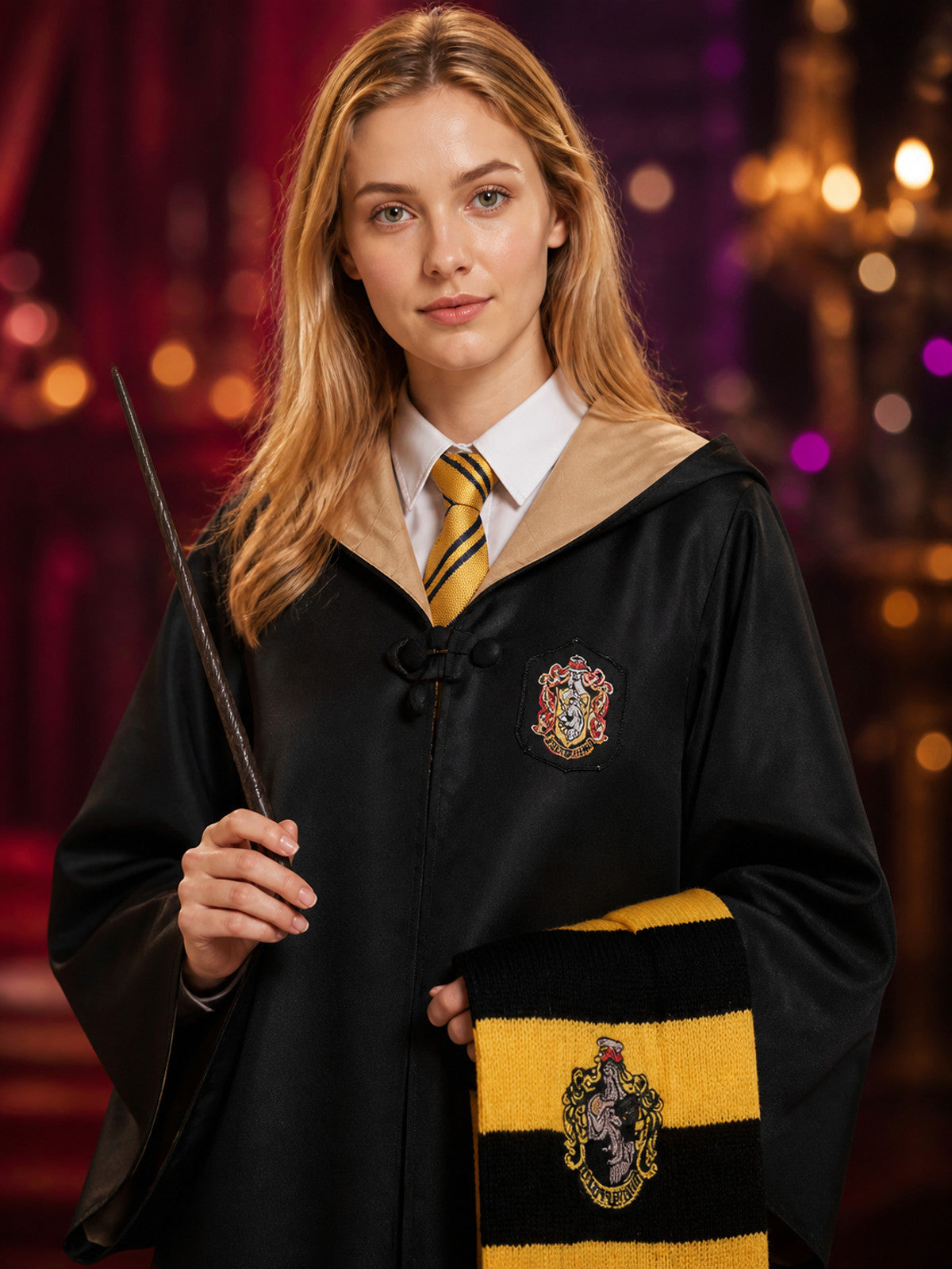 Kids' Hufflepuff Wizard Costume Set with Hooded Robe, Tie and Scarf on-model view