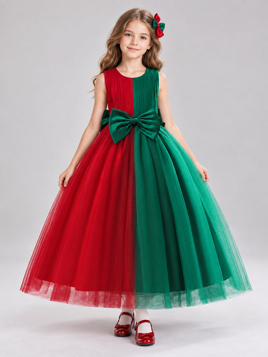 Children's Holiday Dress with Bow, Red and Green
