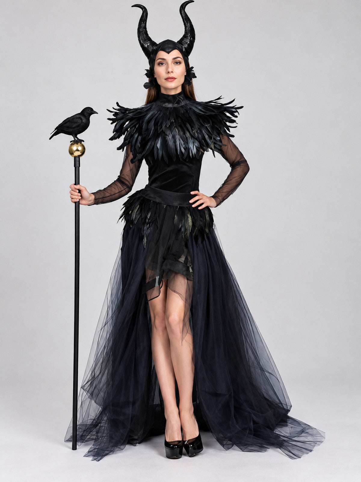 Black Carnival Costume with Feathers and Horns