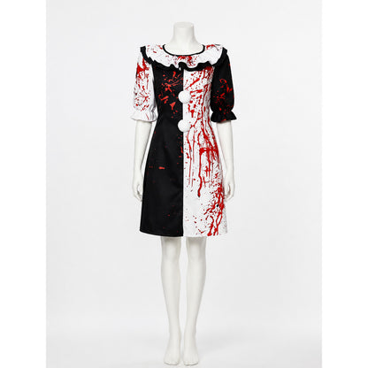 Clown Costume Dress with Blood Splatter Print, Black and White Ruffle on-model view