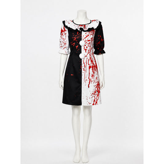 Clown Costume Dress with Blood Splatter Print, Black and White Ruffle on-model view