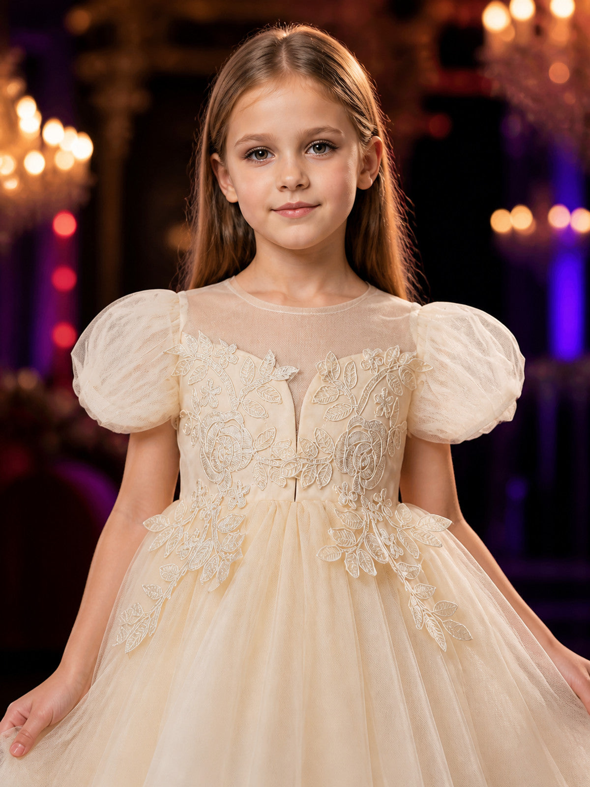 Toddler Girls' Ivory Princess Dress with Floral Vine Embellishments and Layered on-model view