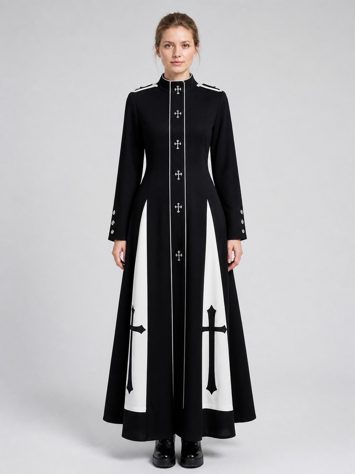 Gothic Maxi Dress with White Trim on-model view