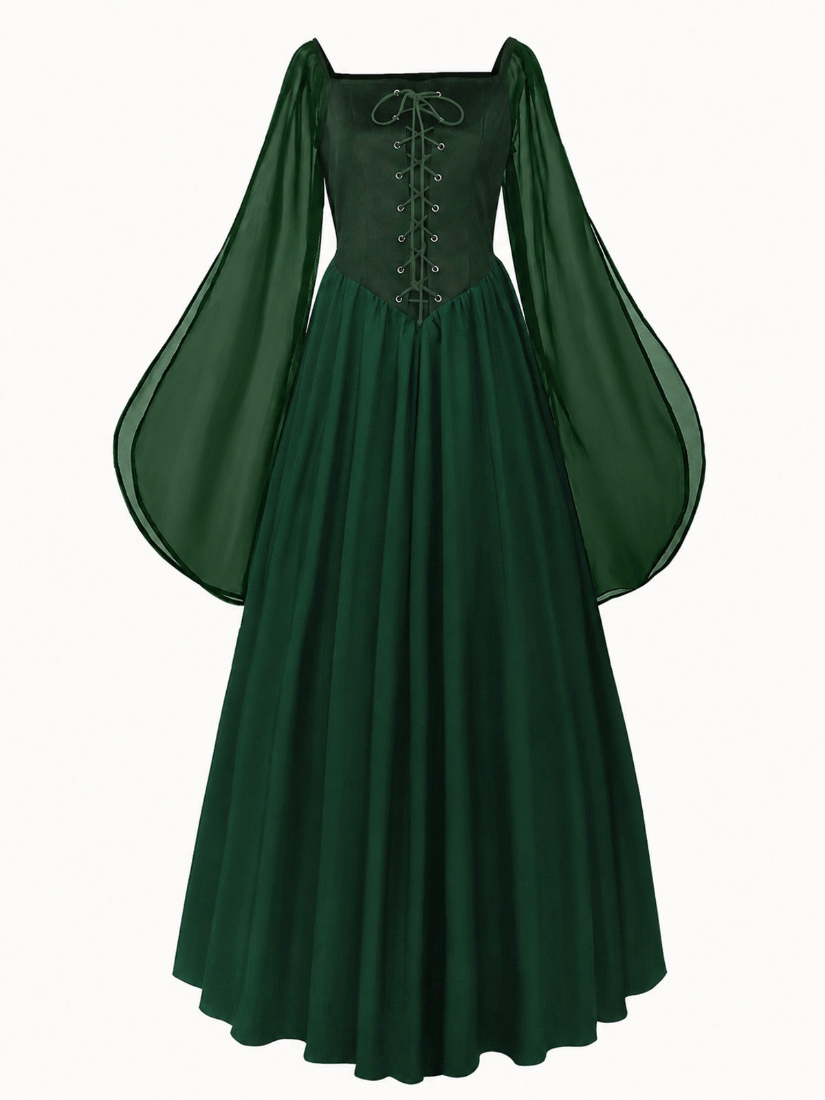 Green Dress with Lace-Up Detail and Flared Sleeves main product view