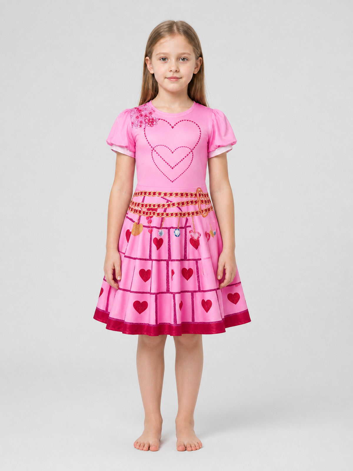 Poofy Red Queen Cosplay Dress with Hearts on-model view