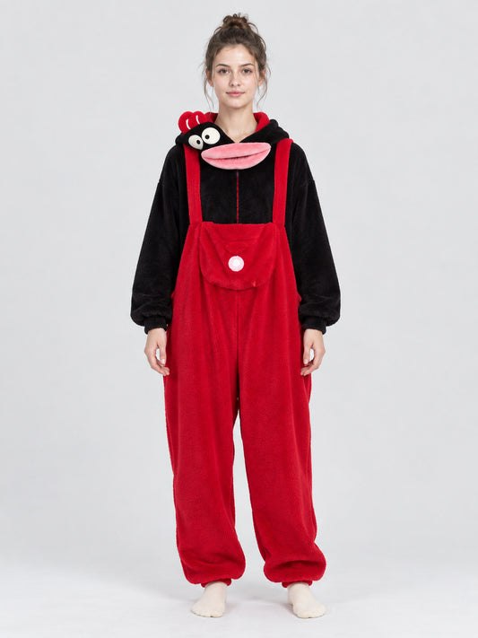 Coral Fleece Pajama Jumpsuit with Oversized Hood