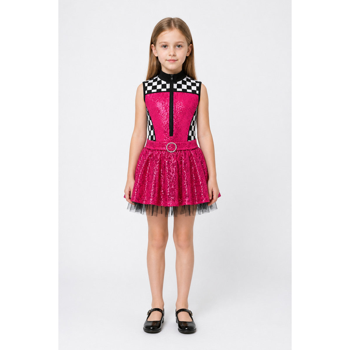 Halloween Dress with Checkered Print and Mesh Skirt