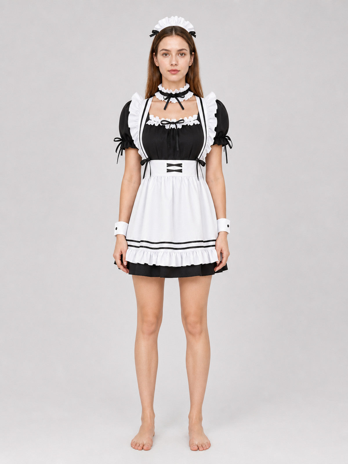 Black-and-White Cosplay Uniform with Apron and Ruffles on-model view