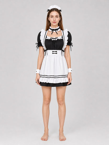 Black-and-White Cosplay Uniform with Apron and Ruffles on-model view