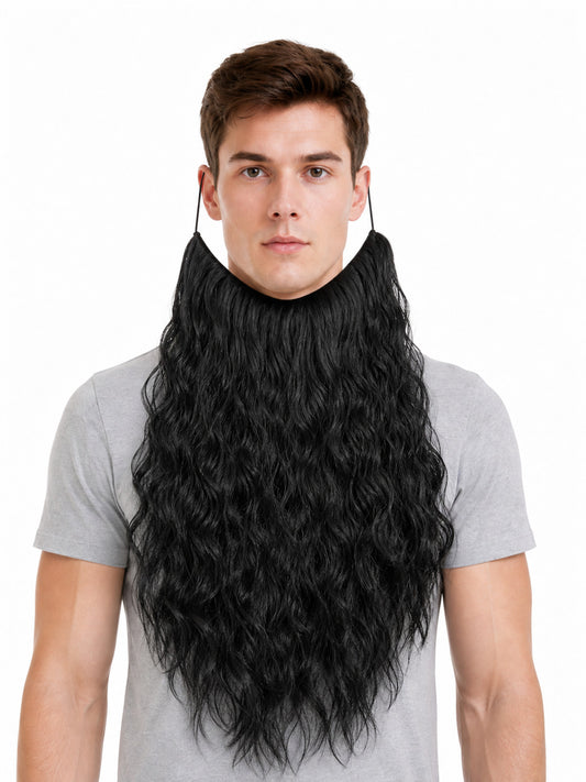 Costume beard in black wavy synthetic-looking fibers, shown worn on a person from the front with ear loops visible