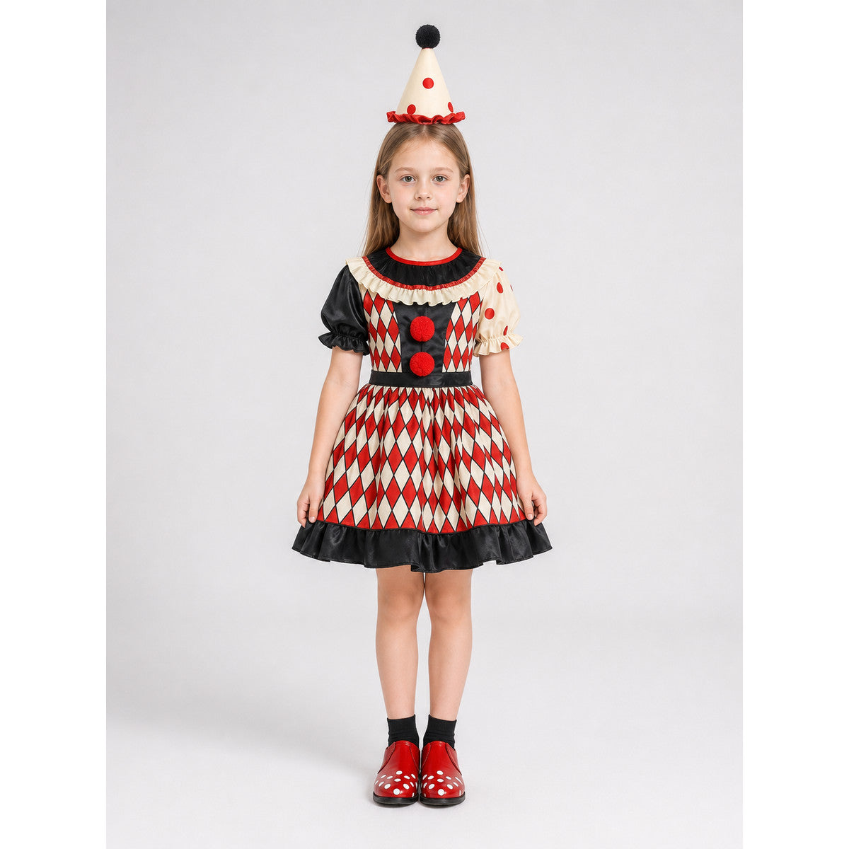 Clown Costume with Dress, Hat, and Shoes on-model view