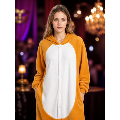 Model wearing an orange and white mouse kigurumi onesie with the hood down, front view