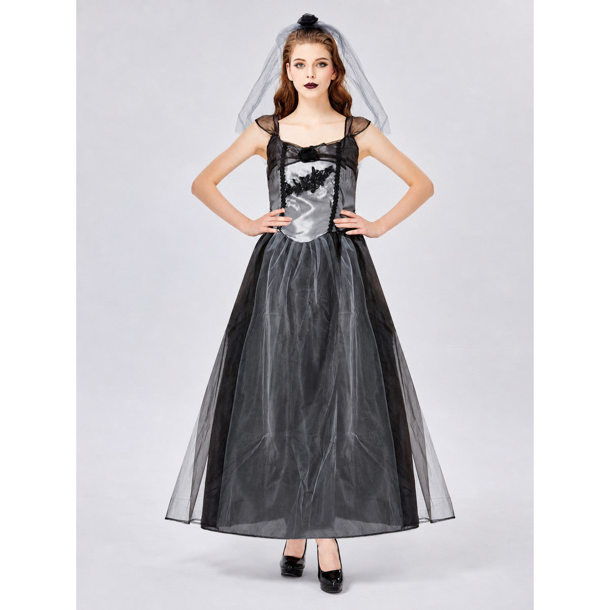Long Gothic Gray-and-Black Dress with a Rose