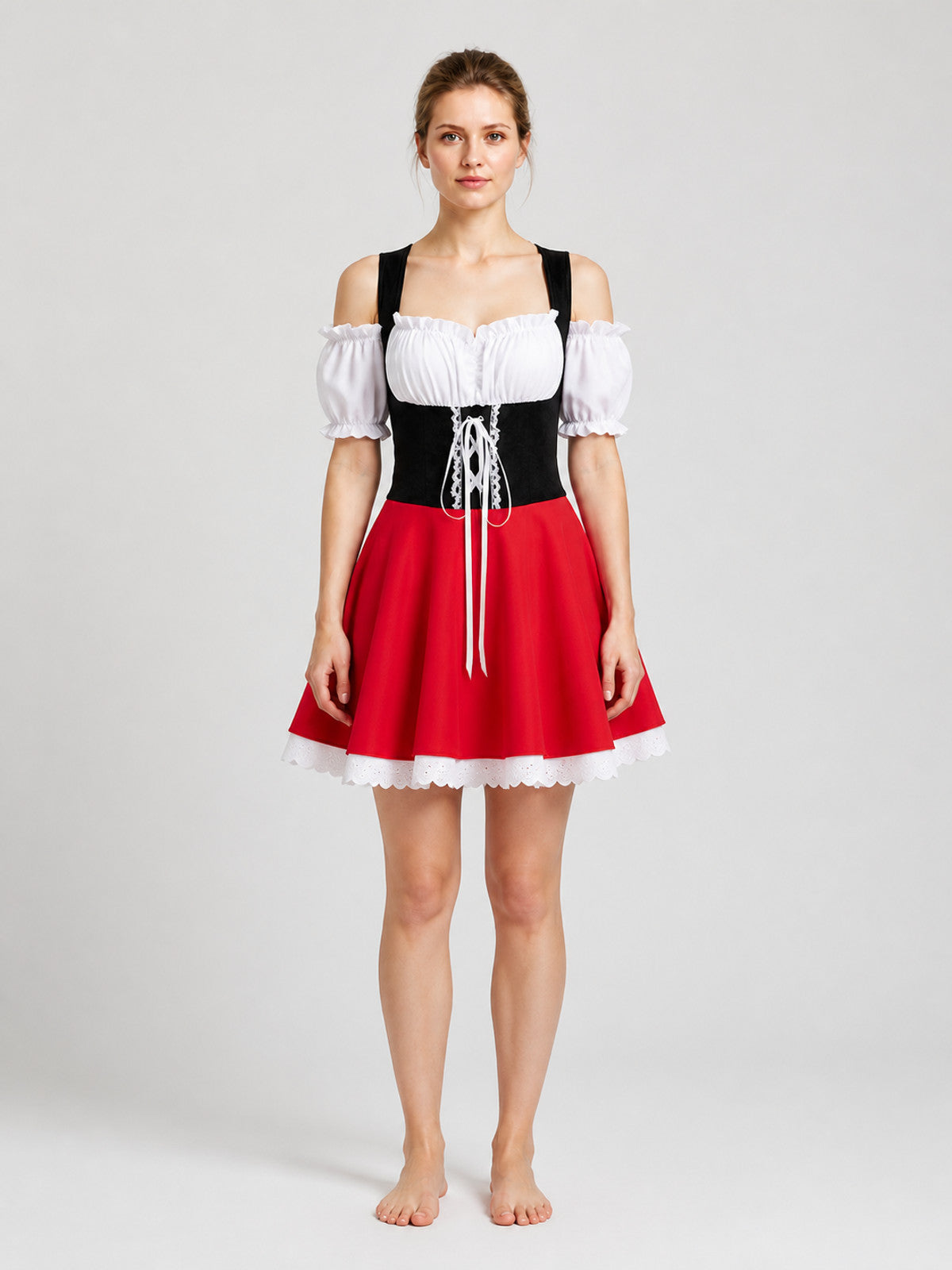 Red, White, and Black Bavarian-Style Lace Dress on-model view