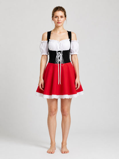 Red, White, and Black Bavarian-Style Lace Dress on-model view