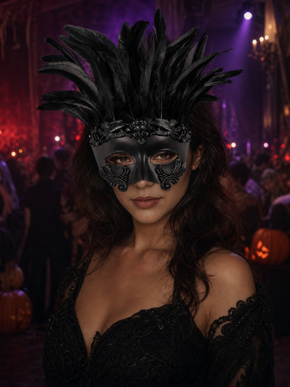 Baroque-Style Carnival Mask with Black Feathers