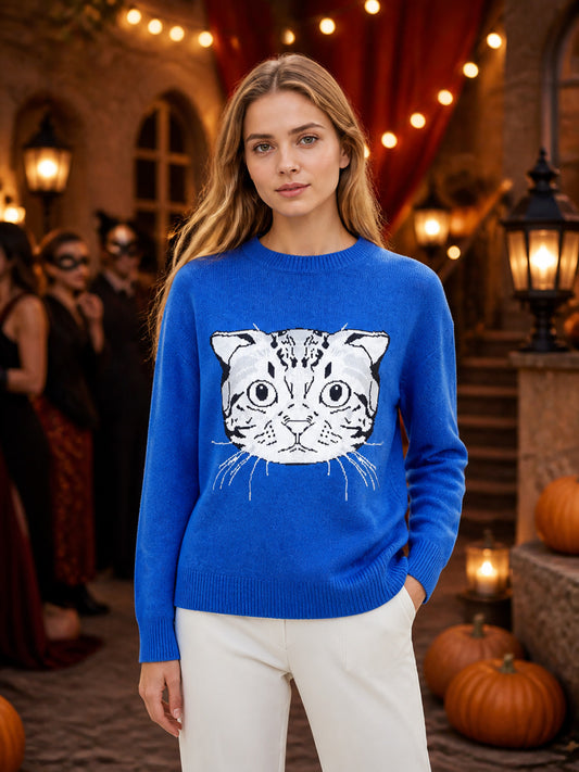 Blue Knit Sweater with Funny Cartoon Cat Face Pattern, Round Neck, Long Sleeves