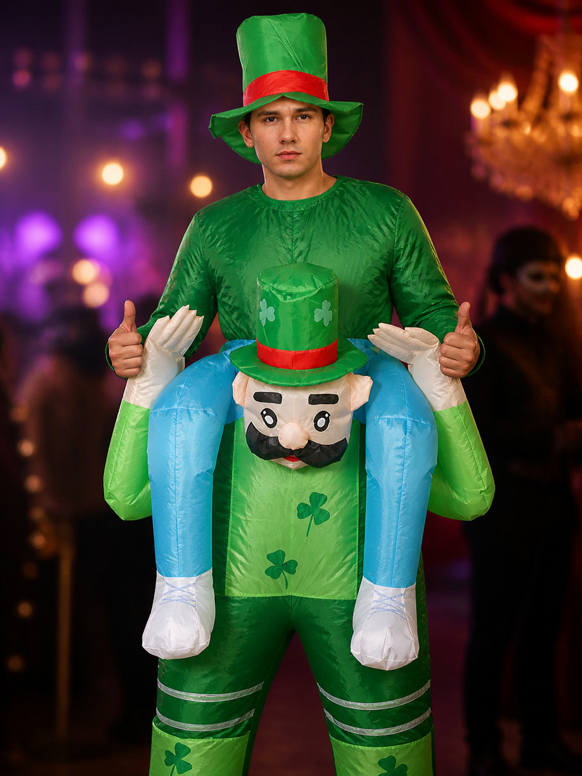 Leprechaun Inflatable Costume, Full Body Blow Up Outfit with Hat and Shamrock on-model view