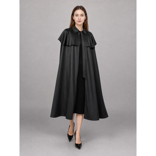 Long Black Carnival Cloak with a Turn-Down Collar