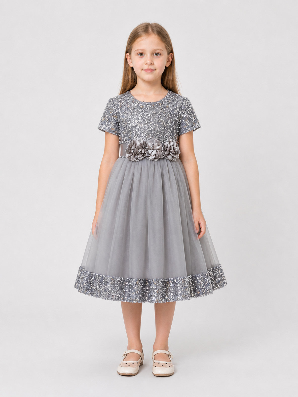 Dressy Sequin Dress with 3D Flowers and Full Skirt