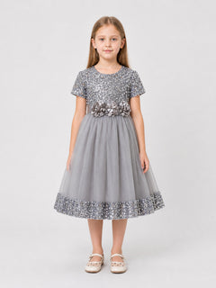 Dressy Sequin Dress with 3D Flowers and Full Skirt