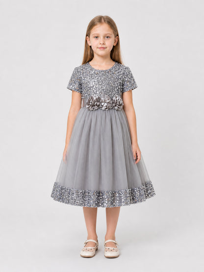 Dressy Sequin Dress with 3D Flowers and Full Skirt