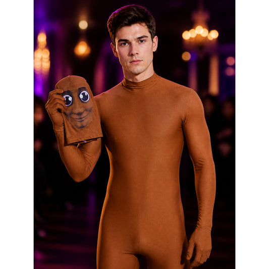 TungTungTungSahur Brown Full Body Onesie Costume with Face Mask for Halloween on-model view