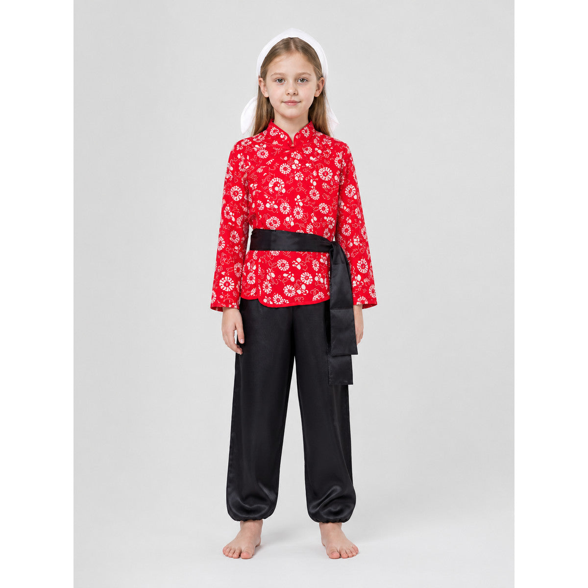 Theater Role Costume: Red Top and Black Pants on-model view