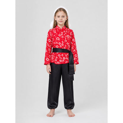 Theater Role Costume: Red Top and Black Pants on-model view