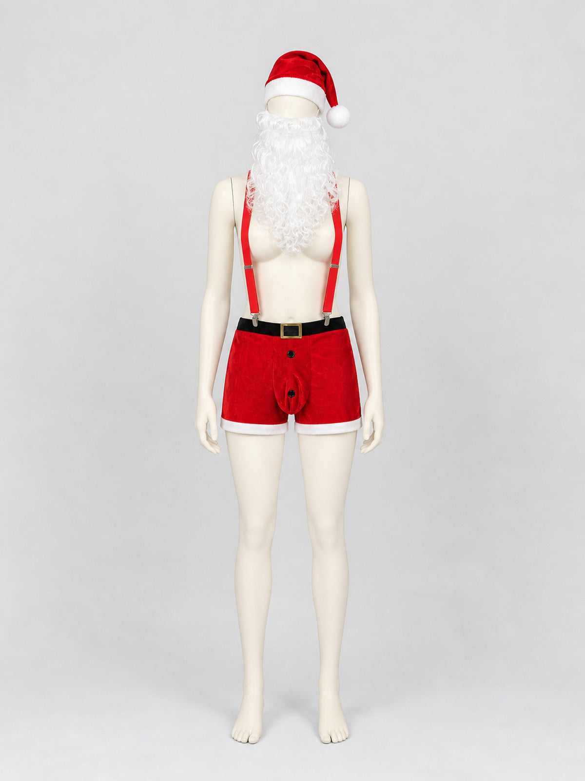 Costume set on a mannequin with a red velvet hat, white beard, red shorts, black belt, and red suspenders