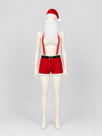 Costume set on a mannequin with a red velvet hat, white beard, red shorts, black belt, and red suspenders