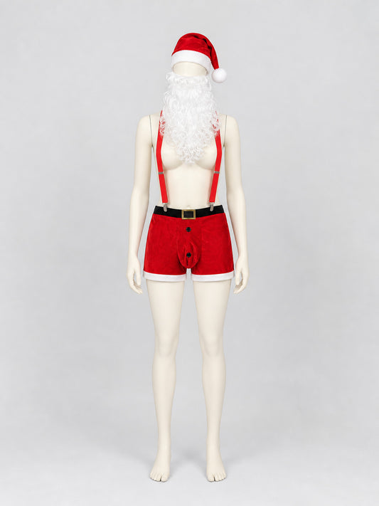 Costume set on a mannequin with a red velvet hat, white beard, red shorts, black belt, and red suspenders