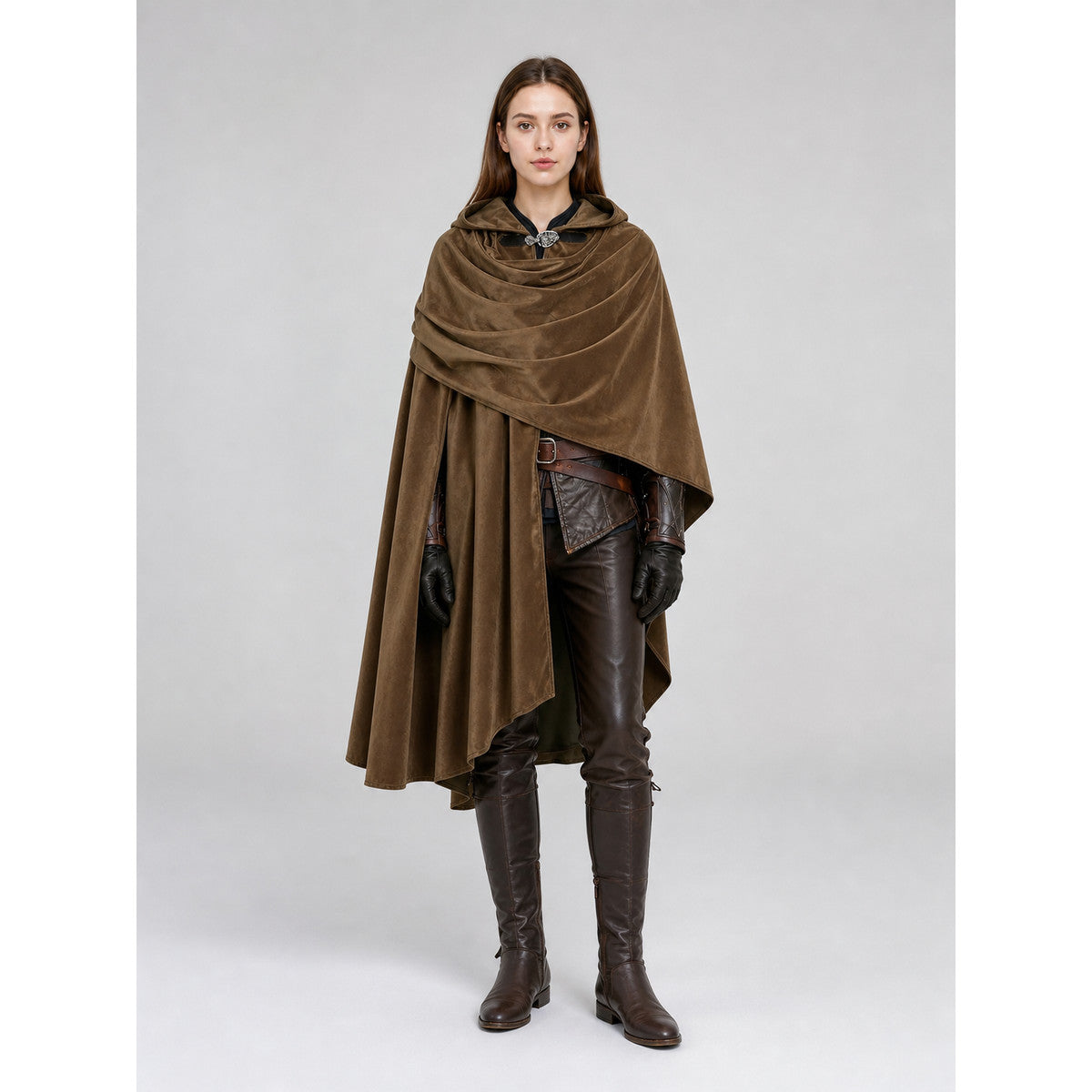 Brown hooded medieval costume cloak