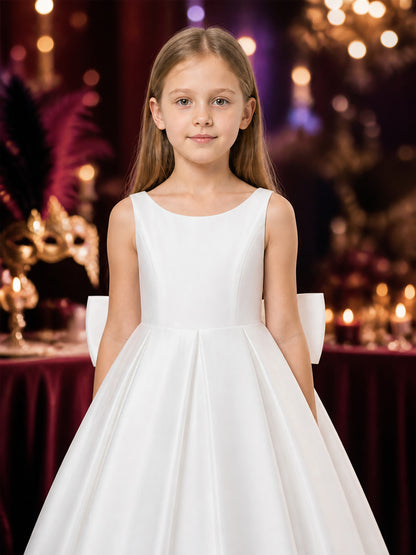 Girls' White Satin Princess Dress, Sleeveless A-Line Long Formal Gown on-model view