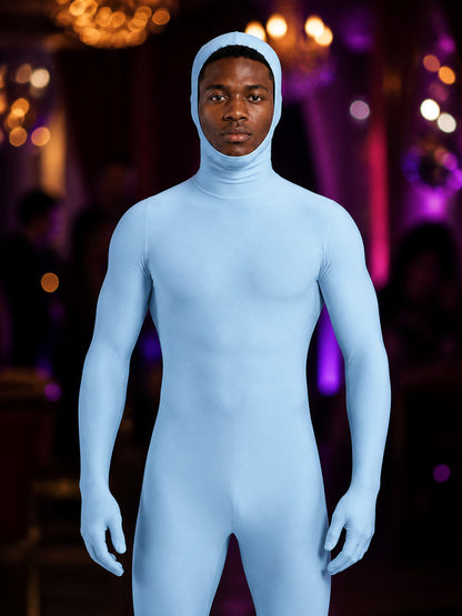 Kids Light Blue Hooded Zentai Jumpsuit Costume, Full-Body Halloween Cosplay Suit on-model view
