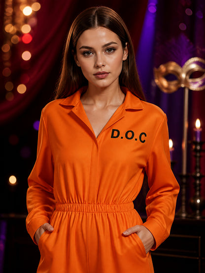 Orange Prisoner Jumpsuit Costume, Long Sleeve, DOC Back Print, Plus Size on-model view