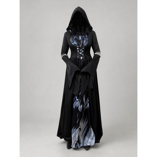 Gothic cosplay dress with hood and skulls