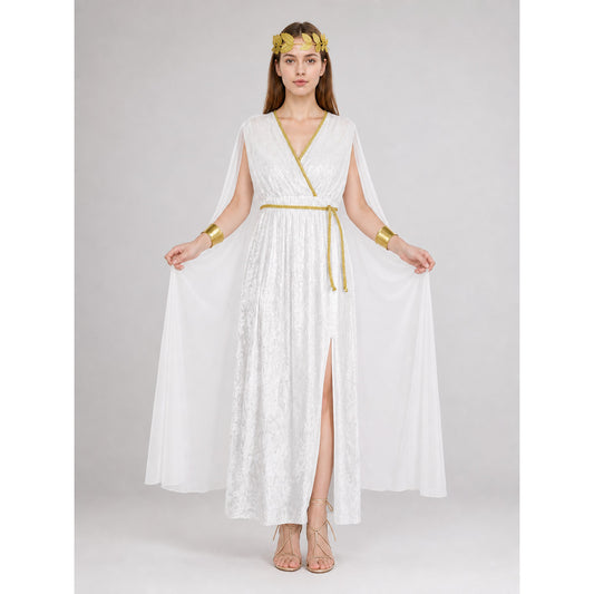 Women’s Greek Goddess Costume Dress, 4-Piece White Draped Outfit with Cape Panels, Leaf Crown Headband and Gold Wrist Cuffs for Cosplay Parties