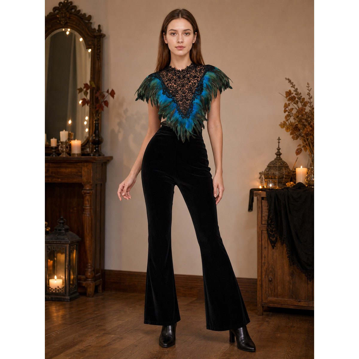 Feather Trim Cape with Triangle Lace Chest Panel, Teal and Black Feather Capelet, Sheer Lace Front, Stage Performance Cosplay Cape for Halloween Party