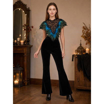 Feather Trim Cape with Triangle Lace Chest Panel, Teal and Black Feather Capelet, Sheer Lace Front, Stage Performance Cosplay Cape for Halloween Party