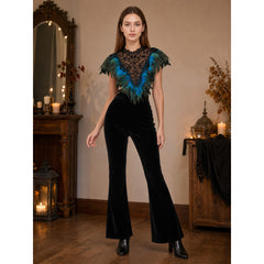 Feather Trim Cape with Triangle Lace Chest Panel, Teal and Black Feather