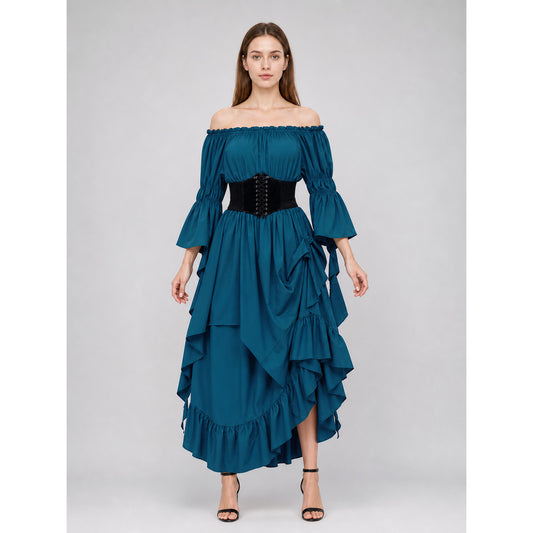 Off-the-Shoulder Dress with Ruffles and Corset Panel