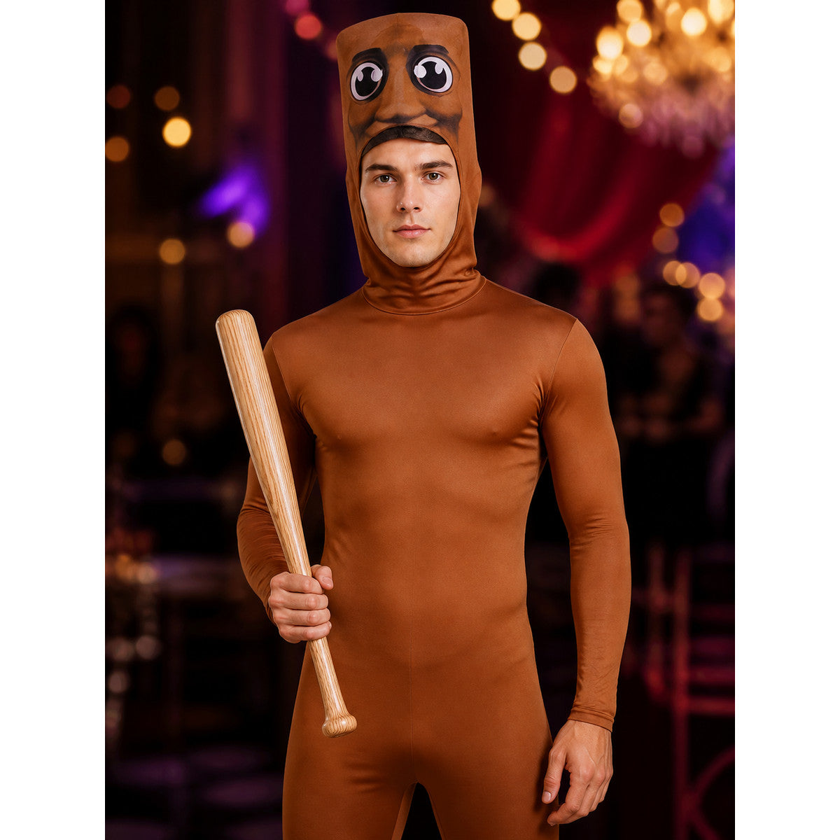 Brown Cartoon Face Bodysuit Costume with Headpiece and Bat for Halloween on-model view