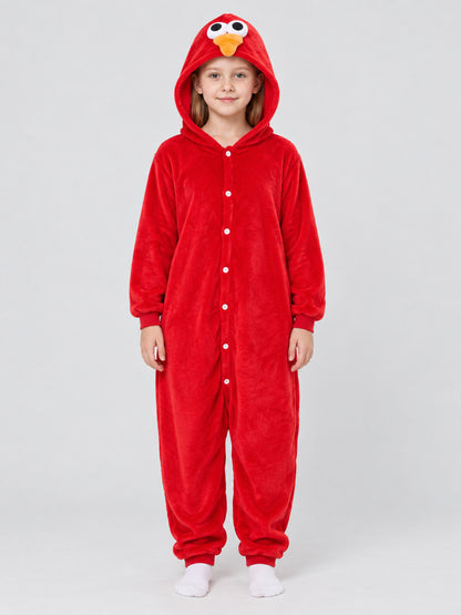 Red Flannel Kigurumi Jumpsuit with Bird Hood